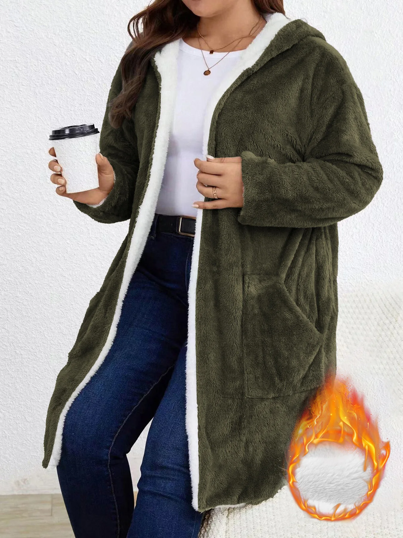 Women Fuzzy Fleece Lined Cardigan w/Hood - Image 4